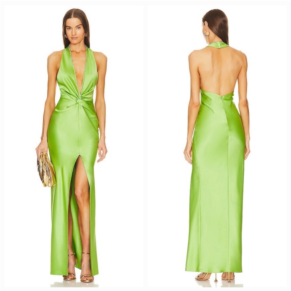 X Revolve Halter Gown With Slit in Pear Green
Khanums